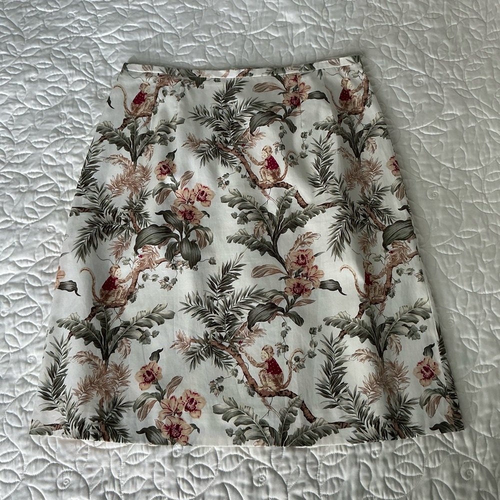 Talbots cream floral with monkeys lined Knee-Length Skirt